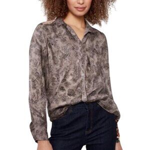 About A Girl Women’s Button-Down Roll Tab Long Sleeve Floral Gray Blouse Large